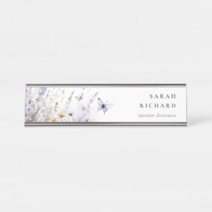 Porte-nom Pour Bureau Chic Lilac Purple Fleur sauvage Papillon Aquarelle