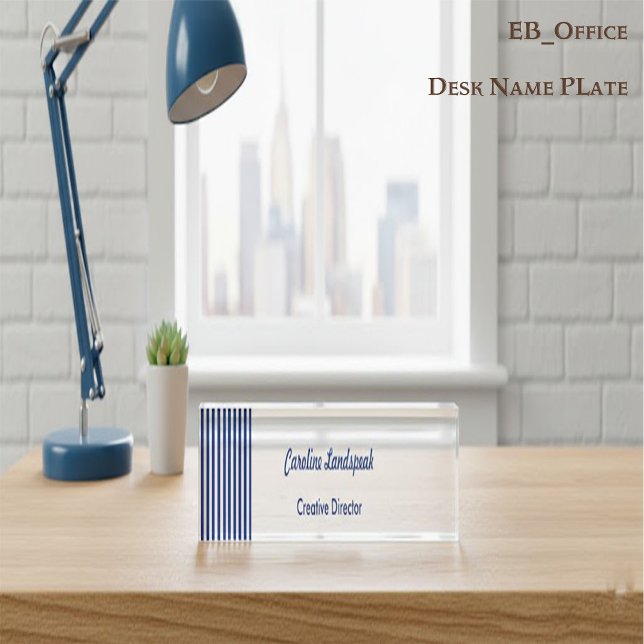 Porte-nom Pour Bureau Chic Navy Blue White Stripes | Professional Custom (Créateur téléchargé)