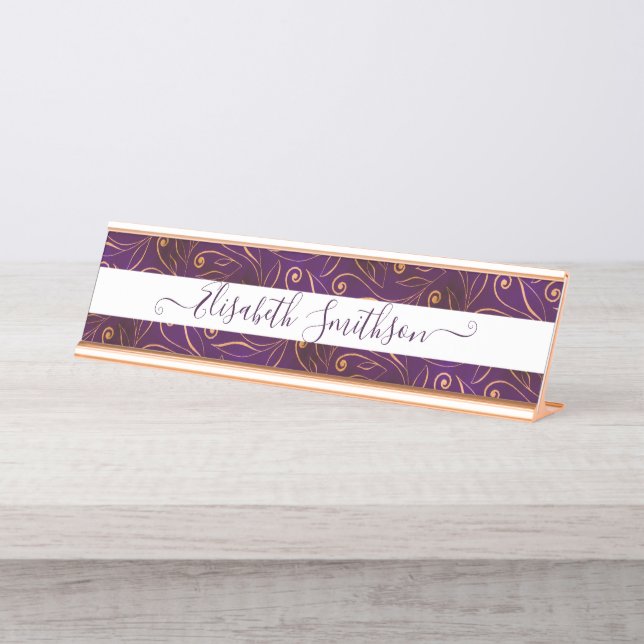 Porte-nom Pour Bureau Clair élégant violet foncé Professionnel Floral (Devant)