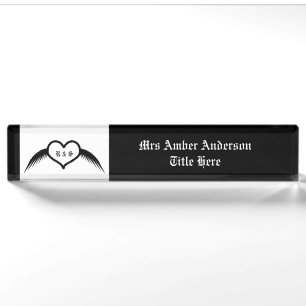 Porte-nom Pour Bureau Coeur ailé gothique Mariage Personnalisé Monogramm