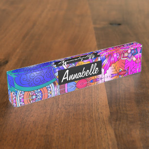 Porte-nom Pour Bureau Cœurs et fleurs colorés abstraits personnalisés