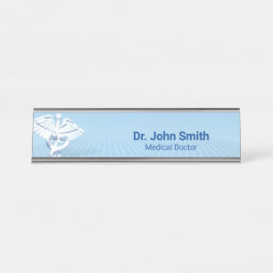 Porte-nom Pour Bureau Conception bleue de Caduceus 3D blanc Médicale