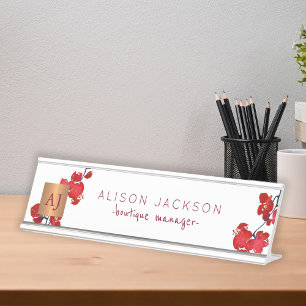 Porte-nom Pour Bureau Corail rouge aquarelle orchidée cuivre monogrammé