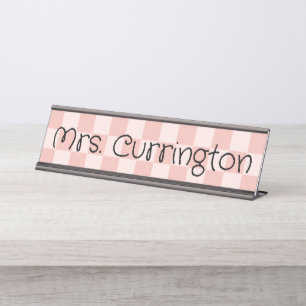 Porte-nom Pour Bureau Coral Blush À damiers enseignant