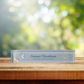 Porte-nom Pour Bureau Cottage botanique Coeur papillon floral Dusty bleu