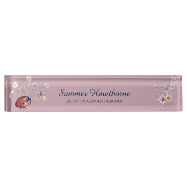 Porte-nom Pour Bureau Cottage botanique de Ladybug à fleurs Coeur Mauve  (Devant)
