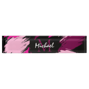 Porte-nom Pour Bureau Coups de pinceau nuances de rose chaud nom avec mo