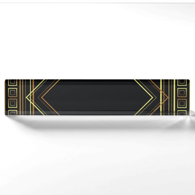 Porte-nom Pour Bureau Crème noire géométrique d'or d'art déco (Devant)