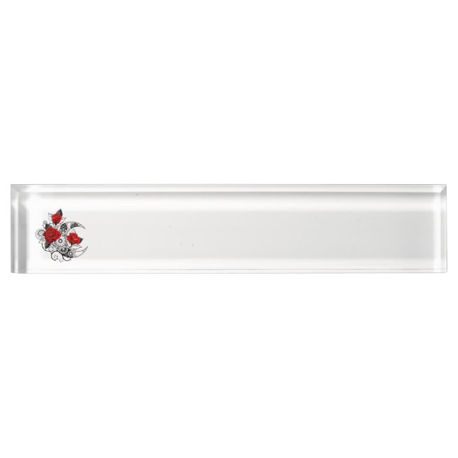 Porte-nom Pour Bureau Croissant mécanique avec roses rouges (Devant)
