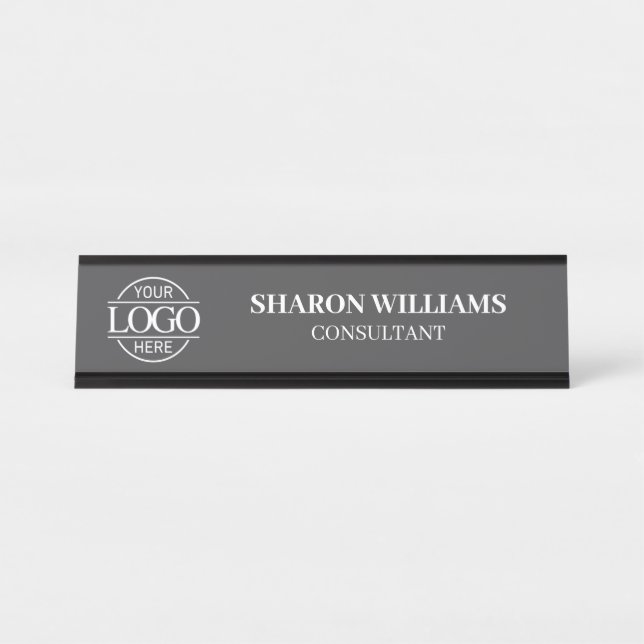 Porte-nom Pour Bureau Custom Logo | Professional Dark Gray Minimalist (Devant)