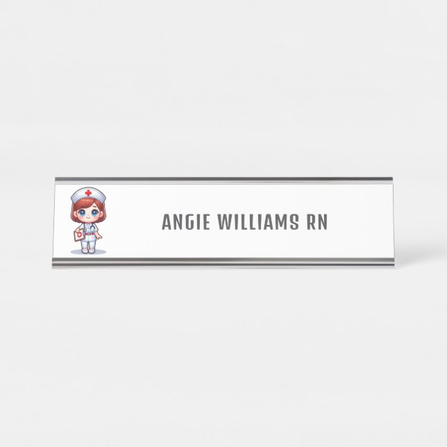 Porte-nom Pour Bureau Cute Manga Redhead Nurse personnalisée (Devant)