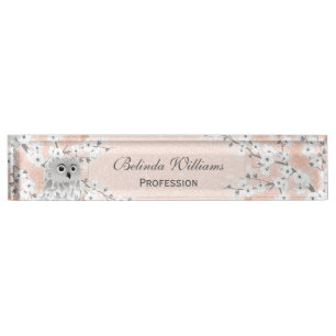 Porte-nom Pour Bureau Cute Owl Cherry Blossom Rose Gold Parties scintill