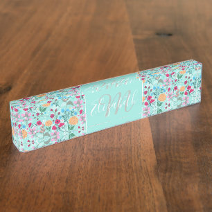 Porte-nom Pour Bureau Cute rose et bleu Petit motif floral