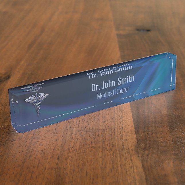 Porte-nom Pour Bureau Dark Holographic Chrome 3D Caduceus Médicale (Taille)