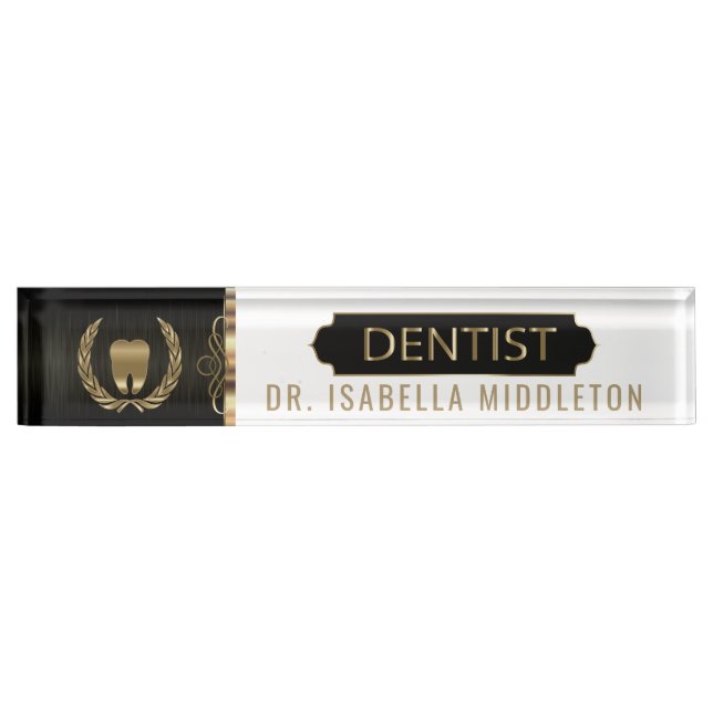 Porte-nom Pour Bureau Dentiste - Noir, Blanc et Or (Devant)