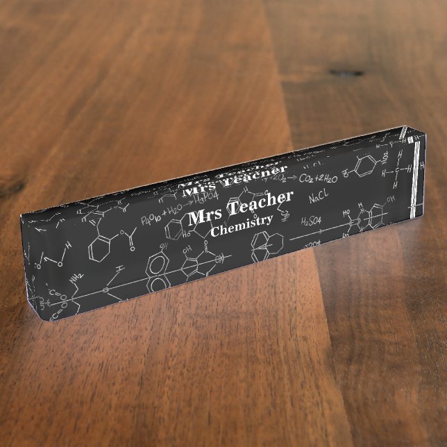 Porte-nom Pour Bureau Diagramme de chimie motif blanc sur noir (Taille)