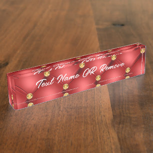 Porte-nom Pour Bureau Diamant Doré Cuir Tufé Votre Nom De Texte Rouge
