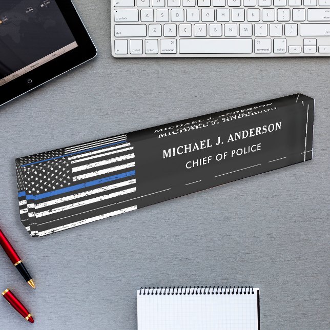 Porte-nom Pour Bureau Drapeau de la ligne bleue mince personnalisé (Créateur téléchargé)