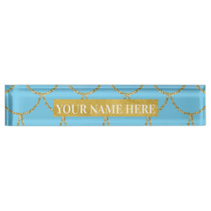 Porte-nom Pour Bureau Écailles de sirène iridescentes bleu et or scintil