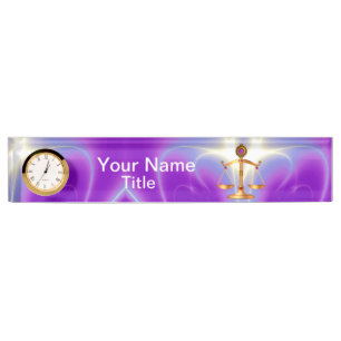 PORTE-NOM POUR BUREAU ÉCHELLES D'OR DE LA LOI AVEC PIERRES GEM, SYMBOLE