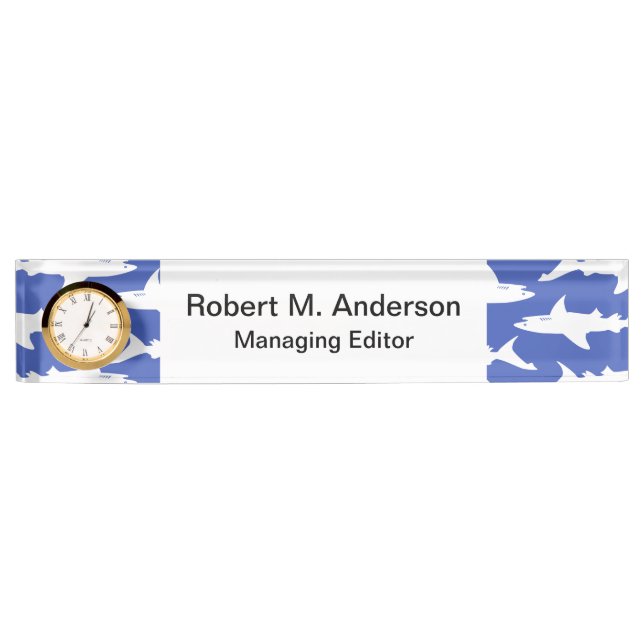 Porte-nom Pour Bureau École des requins bleu et blanc drôles (Devant)