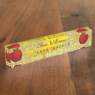 Porte-nom Pour Bureau École Enseignant Rouge Pomme Gold Classic Confetti