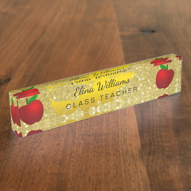Porte-nom Pour Bureau École Enseignant Rouge Pomme Gold Classic Confetti (Taille)