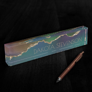 Porte-nom Pour Bureau Edgy Agate Dark Moody Jewel Tone Turquoise