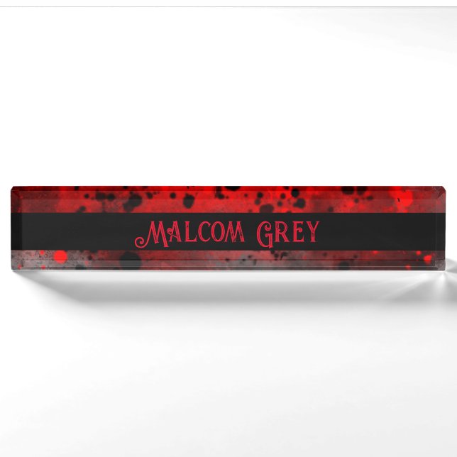 Porte-nom Pour Bureau Effet Retro Paint Splatter rouge et noir (Devant)