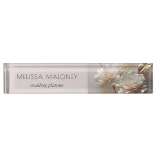 Porte-nom Pour Bureau Elegant 3D White Gold Roses