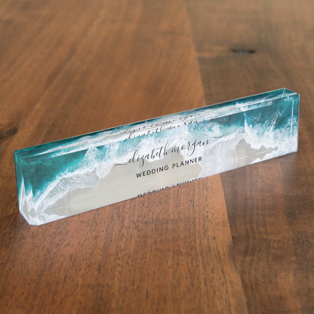 Porte-nom Pour Bureau Elégant Aqua Blue Green Beach Wedding Planner (Taille)