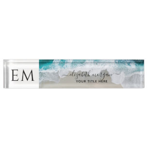 Porte-nom Pour Bureau Élégant Beach bleu vert Script Monogramme