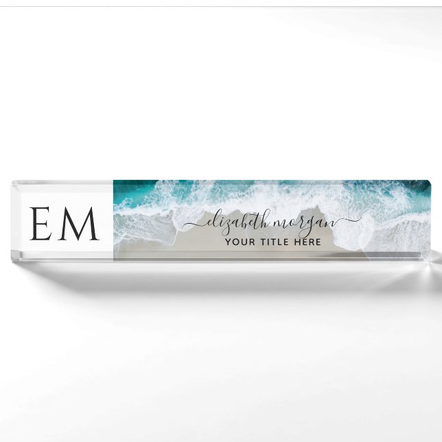 Porte-nom Pour Bureau Élégant Beach bleu vert Script Monogramme (Devant)