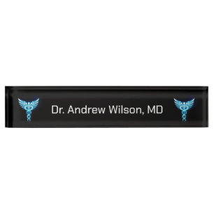 Porte-nom Pour Bureau Elégant Blue Caduceus Docteur Médicale