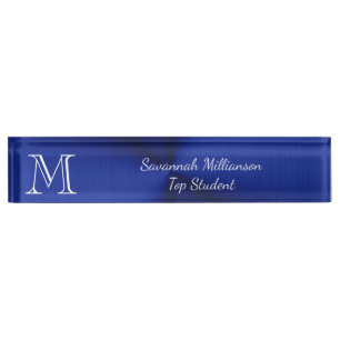 Porte-nom Pour Bureau Élégant Blue Faux métal Monogramme étudiant