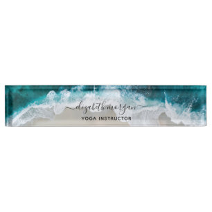 Porte-nom Pour Bureau Élégant Blue Green Beach Script Yoga Instructeur