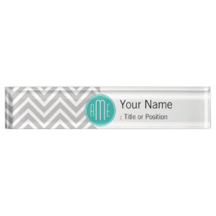 Porte-nom Pour Bureau Élégant chevron gris moderne et monogramme menthe