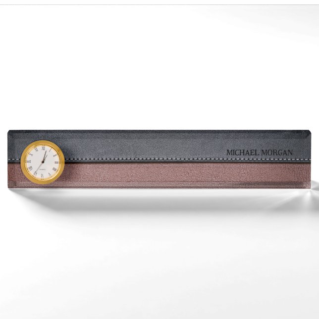 Porte-nom Pour Bureau Elégant cuir de luxe look Brown Noir (Devant)