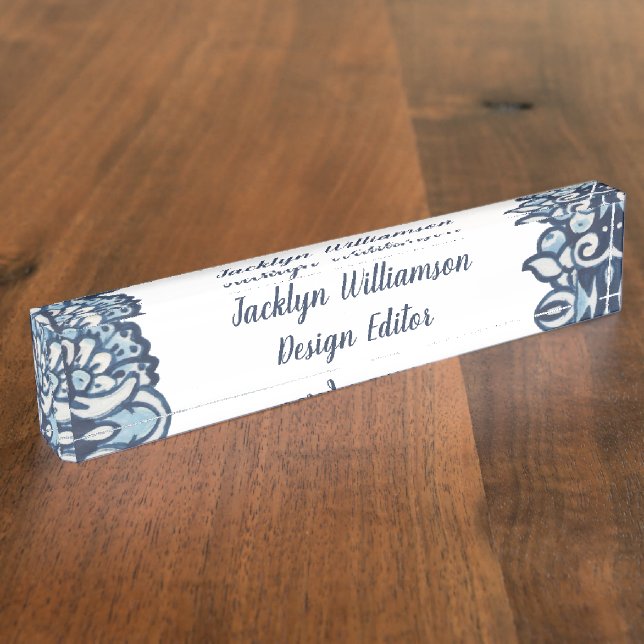 Porte-nom Pour Bureau Elégant Flore Bleu Bleu Personnalisé (Taille)