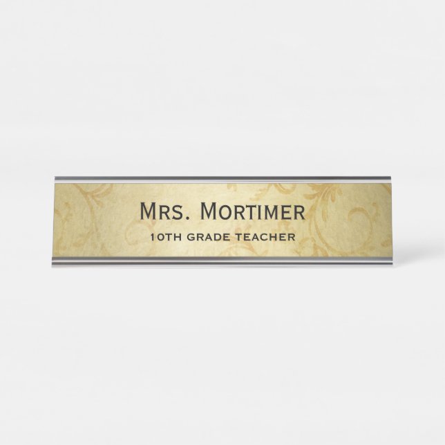 Porte-nom Pour Bureau Élégant Gold Damask Professionnel (Devant)