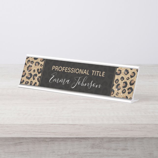 Porte-nom Pour Bureau Elegant Gold Glitter Black Leopard (Devant)