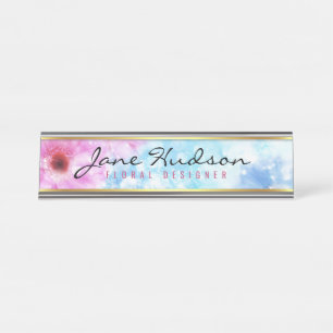 Porte-nom Pour Bureau Élégant Gold Script Flower Modern Bureau Nom Plaqu