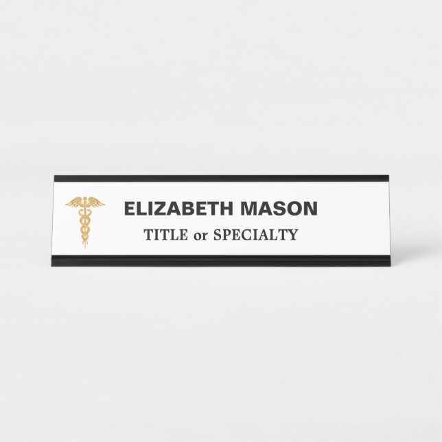 Porte-nom Pour Bureau Elégant Golden Caduceus sur blanc (Devant)