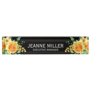 Porte-nom Pour Bureau Elégant Jaune Orange Rose Flowers Manager Noir