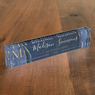 Porte-nom Pour Bureau Elégant Marine Blue Gold Agate Géode Chic Monogram