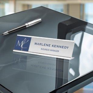 Porte-nom Pour Bureau Elégant Monogramme Argent Marine Bureau en métal b