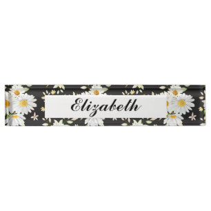 Porte-nom Pour Bureau Élégant Monogramme noir et blanc Motif de margueri