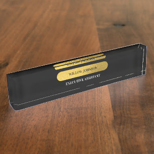 Porte-nom Pour Bureau Élégant Monogramme noir & or Script moderne