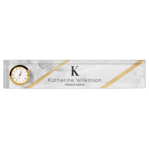 Porte-nom Pour Bureau Élégant Monogramme Or Marbre blanc