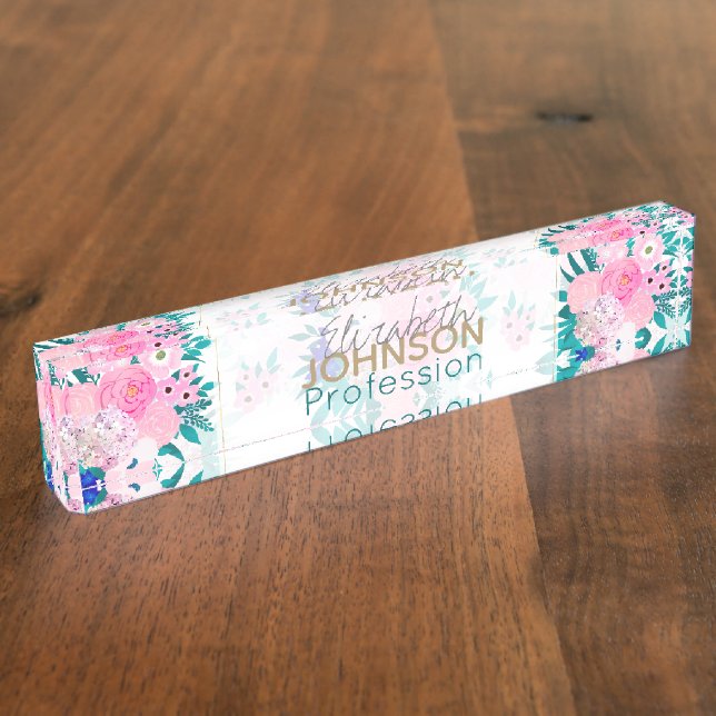 Porte-nom Pour Bureau Élégant motif floral de fleur rose (Taille)